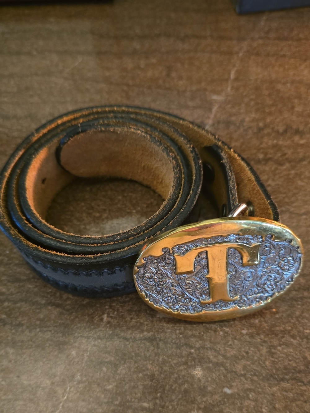 Men's Grey Leather Belt with 24k Gold plated award design metal T Buckle